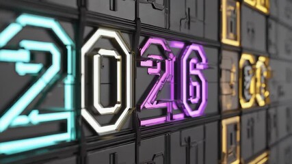 Colorful neon sign displays the numbers 2026 in neon lights. Neon numbers of the coming year - Powered by Adobe