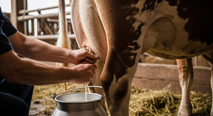 Close-up of a person milking a brown and white cow, hands grasping the udder. A metal bucket is catching the milk. Hay covers the stable floor in a rustic farming setting