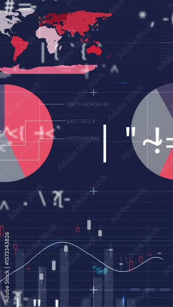 Poster financial data charts and graphs animation over world map and statistics