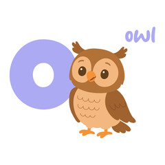 Owl letter O alphabet animal for kids. Cute cartoon bird learning english. Funny educational character for children.