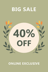 Big sale banner 40 percent off online exclusive. Discount offer poster with leaves. Autumn sale promotion template.