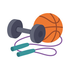 Sports equipment dumbbell basketball jump rope. Fitness gym illustration for kids. Physical education tools for children.