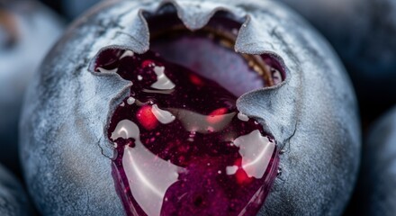 Obraz premium Close-up of a cracked blueberry revealing its juicy, vibrant purple interior with glossy juice and texture details.