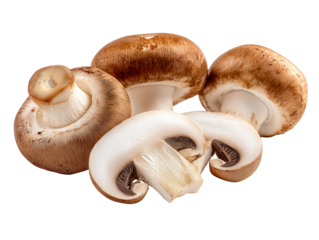 Fresh royal brown mushrooms and slices on transparent background