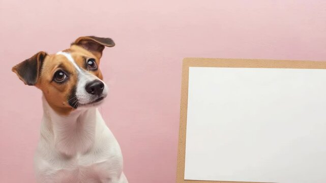 A small Jack Russell Terrier stares attentively at a blank sign, possibly waiting for its master to write something.