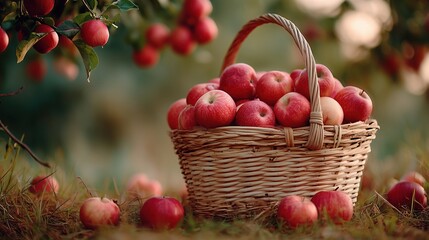 Freshly picked red apples in a wicker basket under an apple tree with morning dew, symbolizing autumn harvest, orchard life and organic farming.