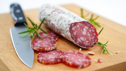 Sliced salami with rosemary and knife cured meat herb