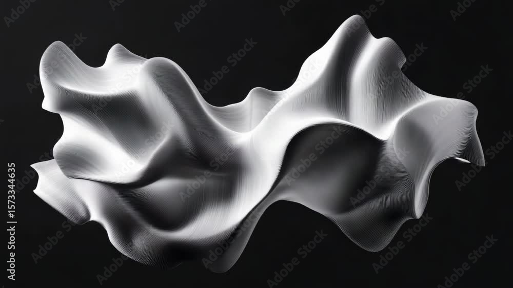 Poster a white object with a black background. the object is a wave. the wave is very long and has a lot of