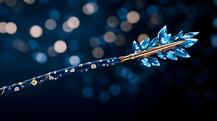 3D Blue Bow and Arrow on a Starry Space Background with Glistening Crystals and Golden Outlines

