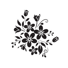 Elegant black and white floral swirl design with blossoms and leaves