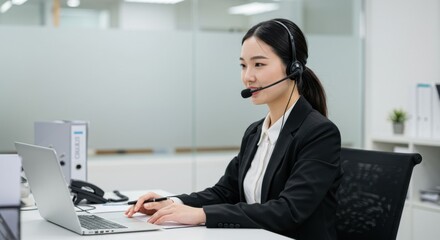 Professional woman with headset working on laptop at office desk exudes calm efficiency