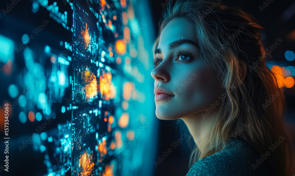 Poster young woman analyzing futuristic digital data visualization with colorful glowing graphs and charts 