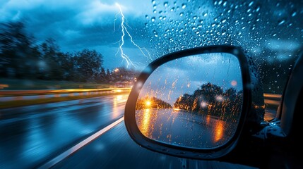 Car driving on a wet road with lightning flashing in the rearview mirror during a storm at night