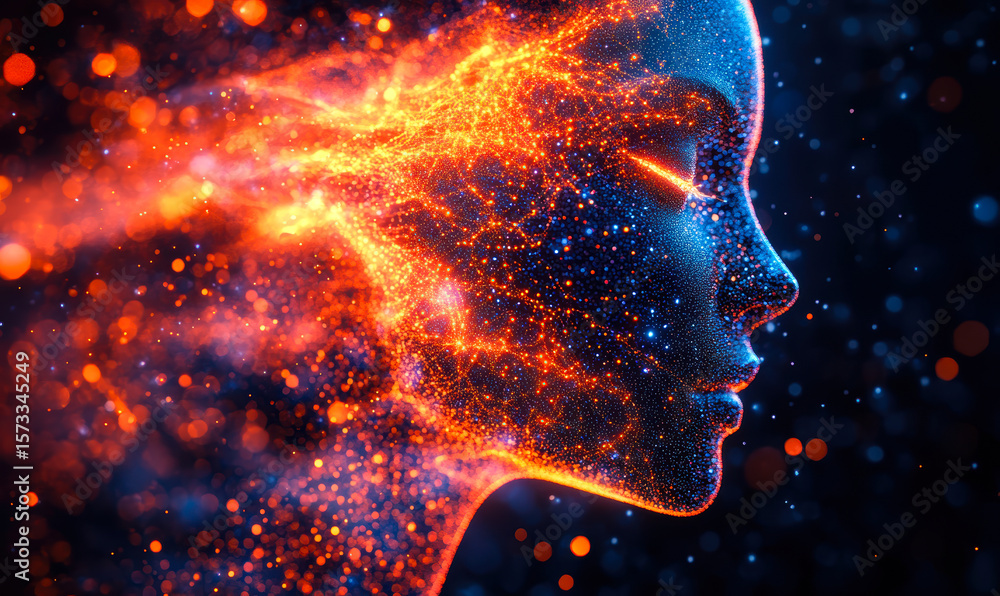 Poster digital human profile composed of glowing orange and blue particles symbolizing artificial intellige