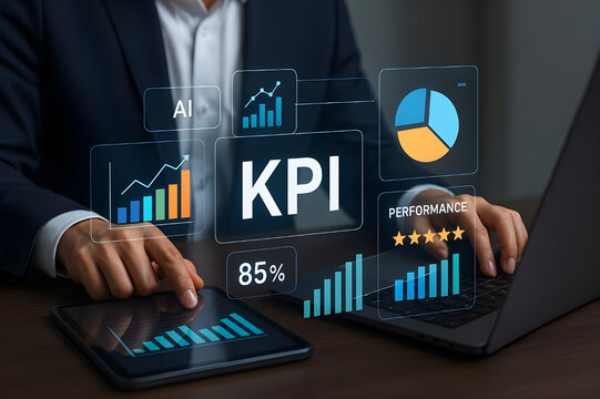 Professional Data Analyst in Corporate Suit Interacting with Futuristic Holographic KPI Dashboards, Business Analytics, and Technology for Digital Strategy - Powered by Adobe