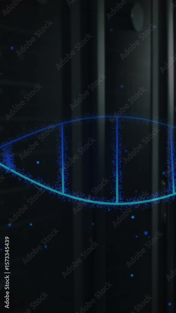 Poster Animating DNA strand and binary coding over server racks in data center