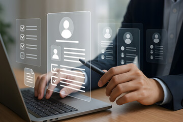 Modern HR professional reviewing digital resume interface with stylus on laptop in clean office, futuristic recruitment and technology concept