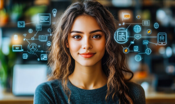 Young woman with curly hair smiling with transparent floating digital interface icons and technology communication symbols around her face in blurred background