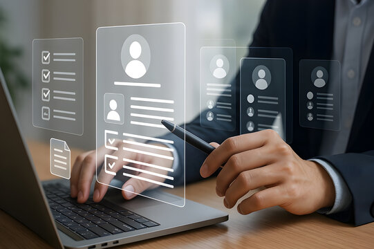 Modern HR professional reviewing digital resume interface with stylus on laptop in clean office, futuristic recruitment and technology concept