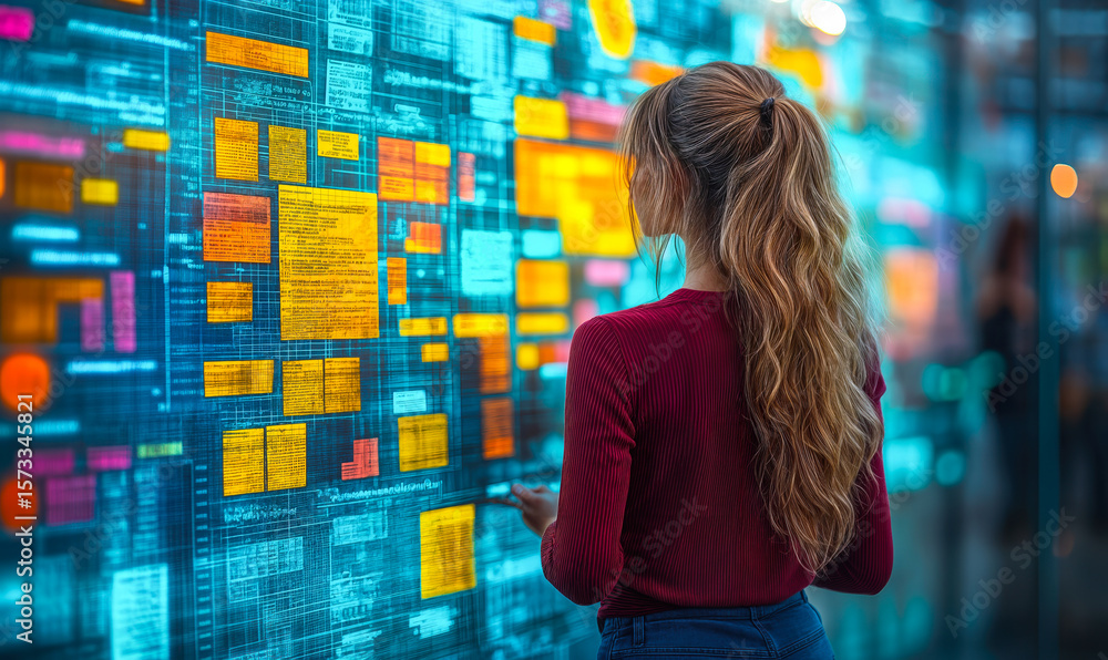 Poster young woman analyzing futuristic digital interface with colorful data panels and charts in technolog