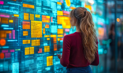 Young woman analyzing futuristic digital interface with colorful data panels and charts in technology workspace for information visualization and digital research
