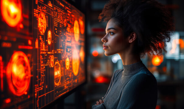 Young woman analyzing futuristic digital data interfaces with orange holographic technology in modern tech workspace