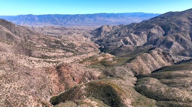 Aerial view of mountains and valley in Tonto National Forest, United States.