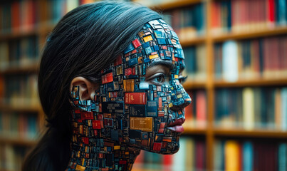 Profile of woman with digital mosaic pattern of books covering face and neck in front of blurry library shelves representing knowledge and technology fusion