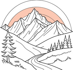 Scenic Mountain Line Art: A minimalistic illustration of a majestic mountain range, with rolling hills and a winding road. Capturing the beauty of nature through simple lines. © GraphixArrow