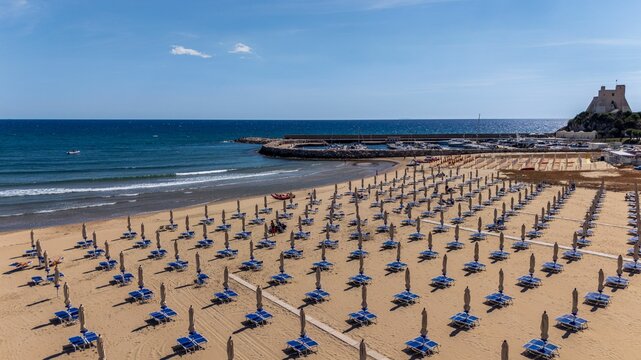 Sun Loungers Ready for Summer Season, Sperlonga Beach, Italy