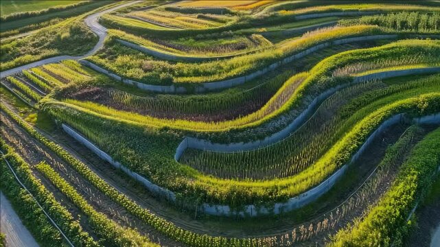 Overhead view of a meticulously designed vegetable garden with multiple rows and walkways. This is an example of precision farming techniques.