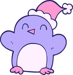 cartoon doodle penguin wearing christmas hat in bright neon color
