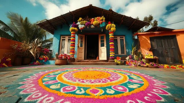 The entrance to a South Indian home is adorned with a beautiful flower mandala and other religious symbols, creating an inviting space for cultural and religious celebrations.