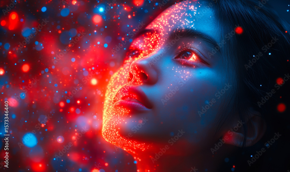 Poster futuristic woman face illuminated with glowing red and blue digital particles looking upwards in dar