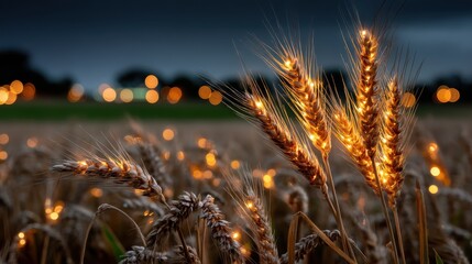 Glowing golden wheat stalks in soft illumination