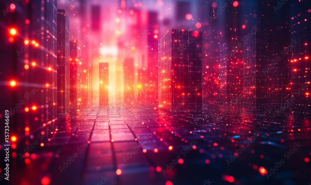 Poster abstract digital cityscape with glowing red and orange light particles in futuristic technology envi