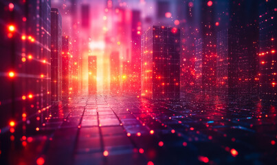 Fototapeta premium Abstract digital cityscape with glowing red and orange light particles in futuristic technology environment representing data flow and virtual space concept