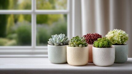 Five small succulent plants in white textured ceramic pots