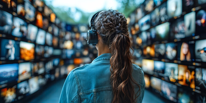 Rear view of young woman wearing headphones watching multiple video screens in dark room with blurred multimedia content on monitors surrounding her for entertainment and digital media experience