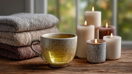 Serene spa setting with clear glass tea cup and relaxing atmosphere