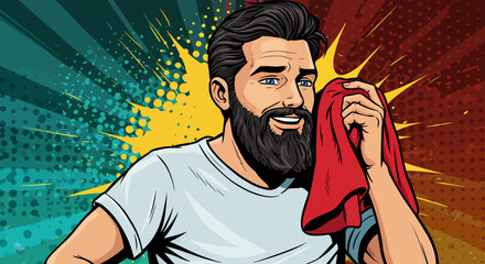 Sweaty Man Wiping Face with Towel Pop Art Style Illustration