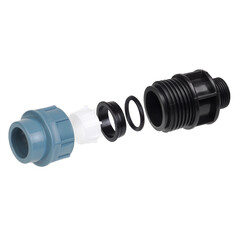 Detailed product image of a disassembled plastic pipe connector with threaded joint. Each component...