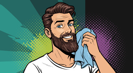 Man with Beard Wiping Face, Pop Art Style Illustration