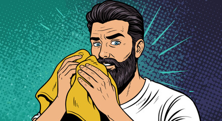 Man with Beard Cleaning Face with Yellow Cloth, Pop Art Style Illustration