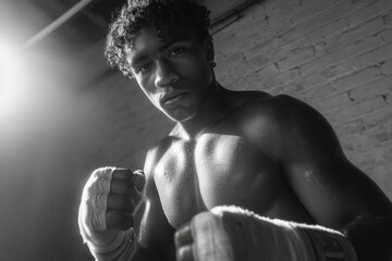 Focused black teenager prepares for boxing training in urban gym atmosphere