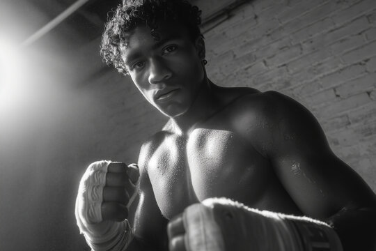 Focused black teenager prepares for boxing training in urban gym atmosphere