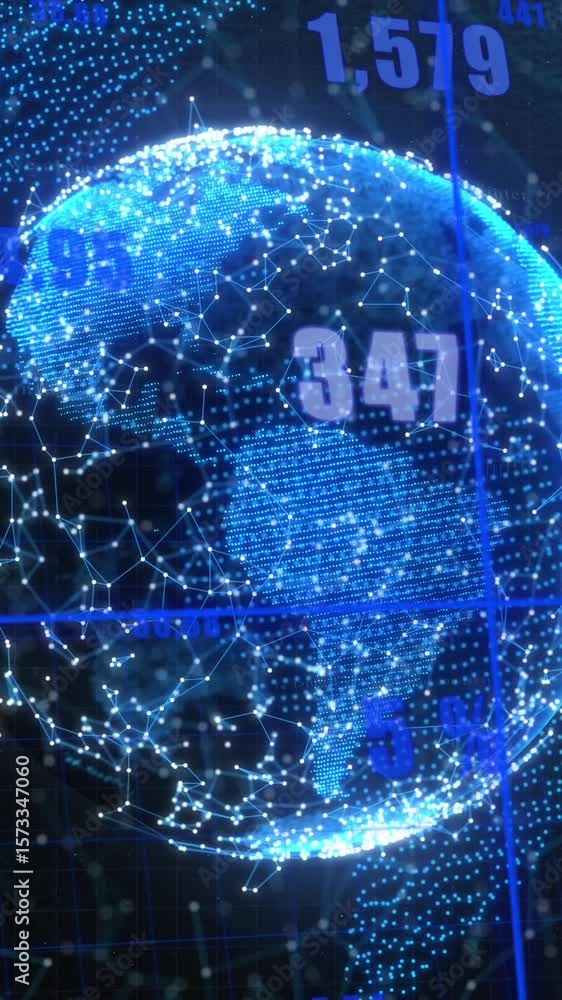 Poster digital animation showcases global business and data processing on a glowing earth.