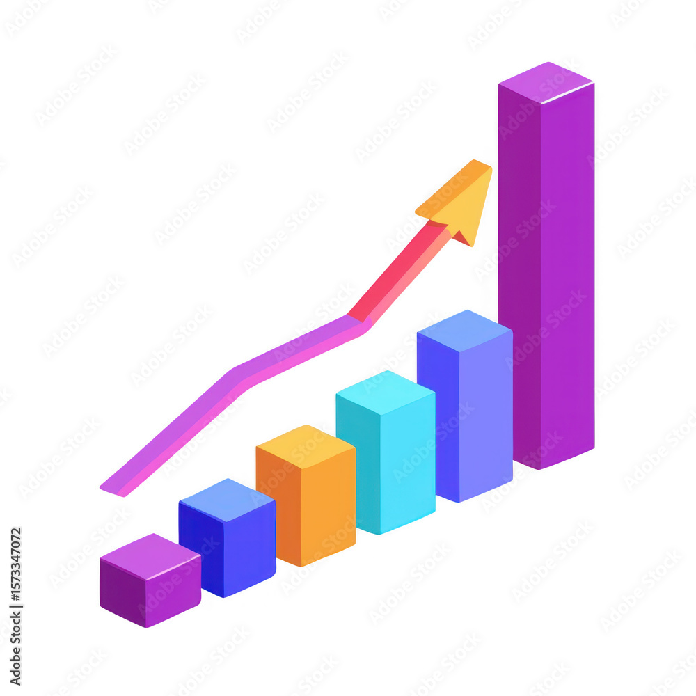 Poster isometric bar graph with upward trend arrow isolated on transparent background