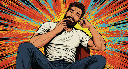 Retro Comic Book Style Illustration of a Thoughtful Bearded Man