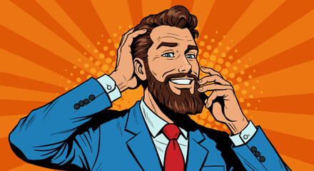 Smiling Bearded Businessman in Pop Art Style